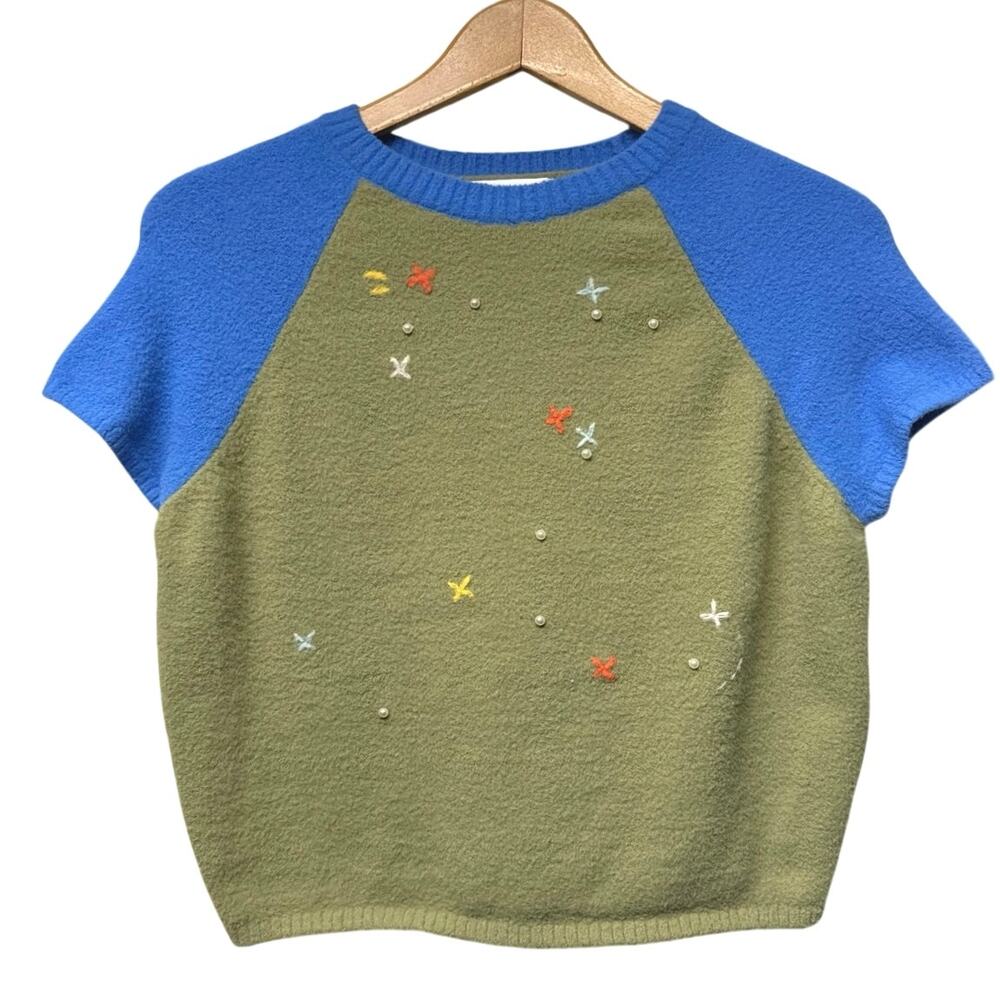 Danielle Guizio XL Shortsleeve Knit Sweater Crop Blue Green Embroidered Beaded